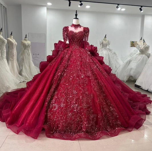 Crimson Royal Elegance Bridal Gown – Luxurious Glitter Ball Gown Rental (Free Size)