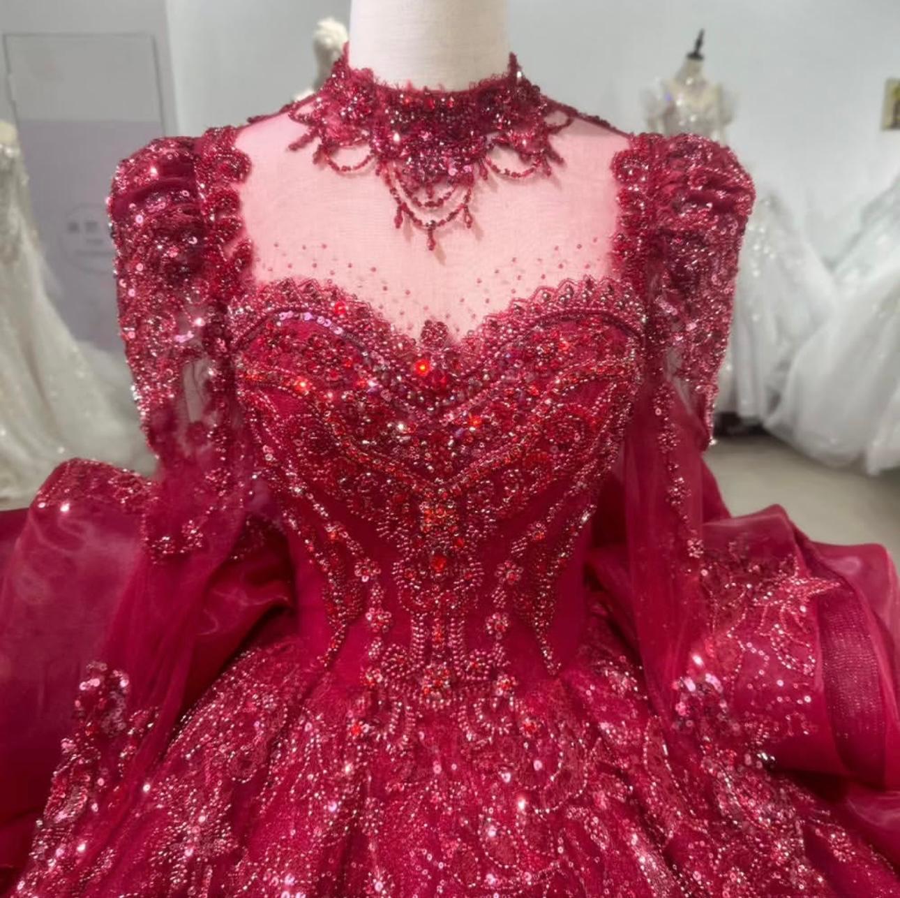 Crimson Royal Elegance Bridal Gown – Luxurious Glitter Ball Gown Rental (Free Size)