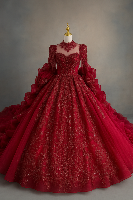 Crimson Royal Elegance Bridal Gown – Luxurious Glitter Ball Gown Rental (Free Size)