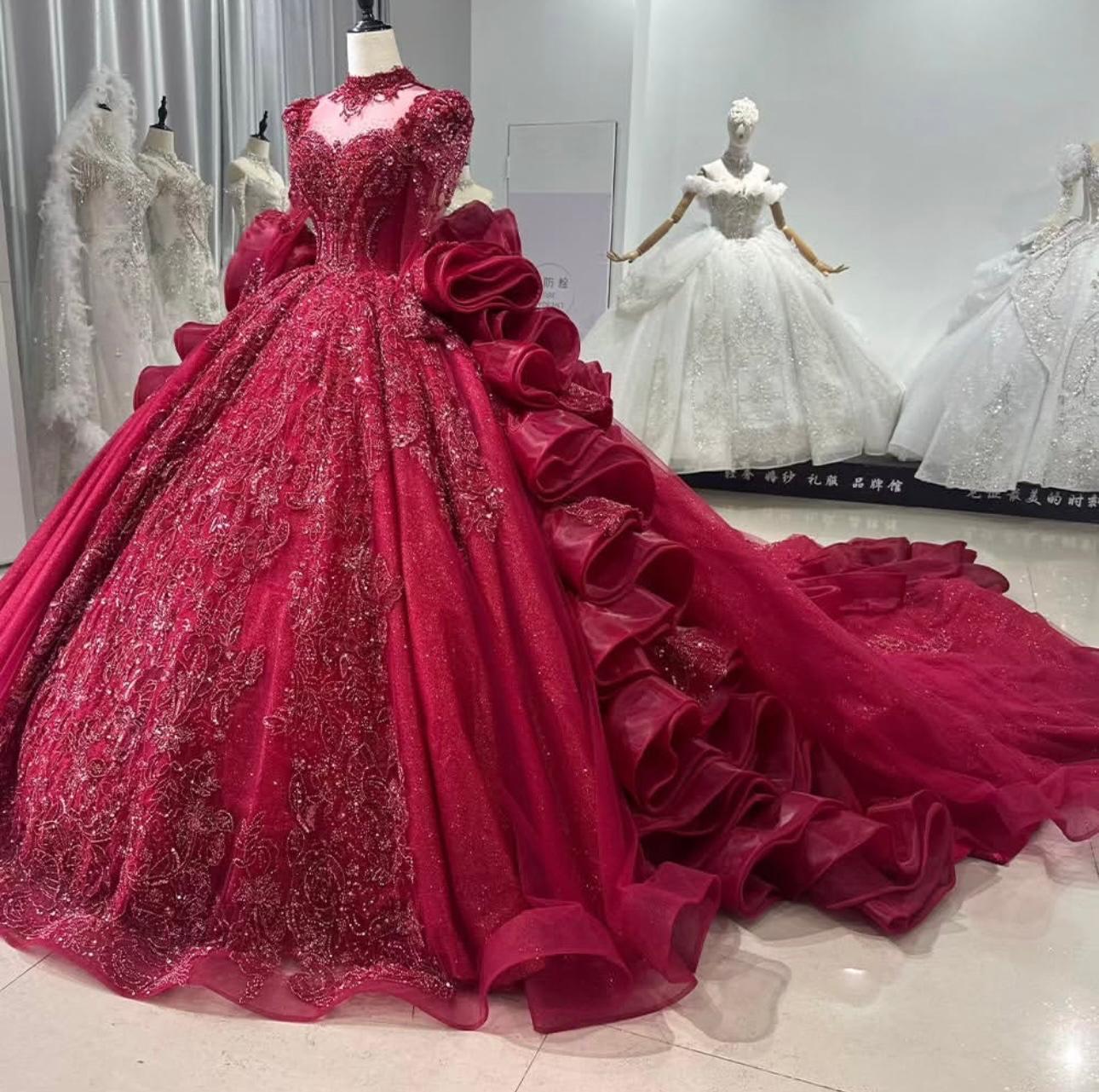 Crimson Royal Elegance Bridal Gown – Luxurious Glitter Ball Gown Rental (Free Size)
