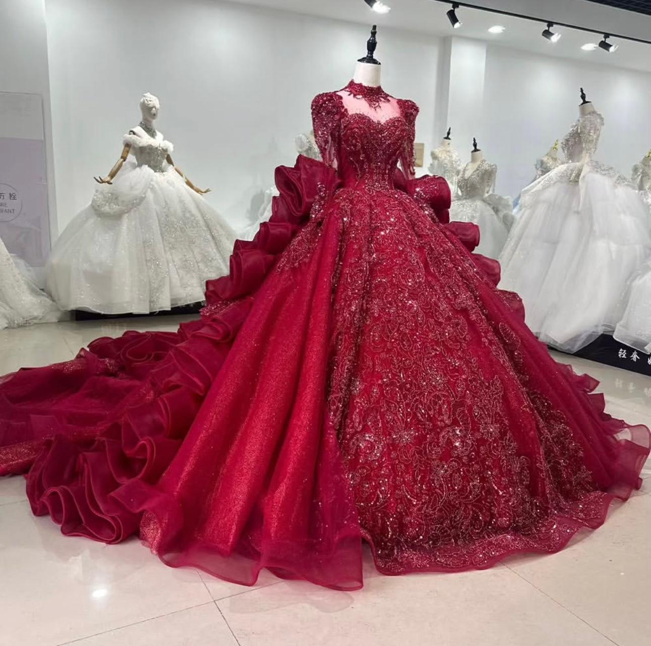 Crimson Royal Elegance Bridal Gown – Luxurious Glitter Ball Gown Rental (Free Size)